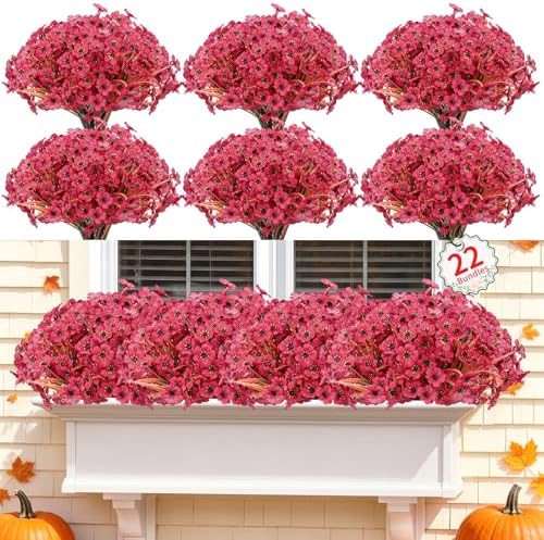 Powbrace 22 Pack Artificial Fall Flowers Mums for Outdoor Indoor(Dark Red) by PowbraceArtificialFlowers