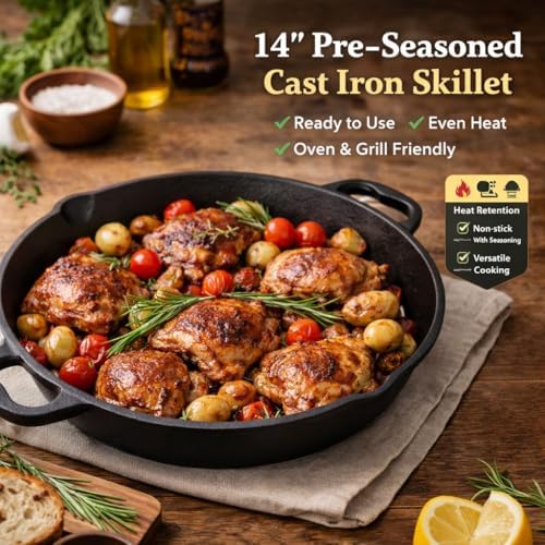 14-Inch Pre-Seasoned Cast Iron Skillet with Dual Assist Handles, Heavy-Duty Frying Pan for Stove, Oven, Grill & Campfire Cooking, Large Nonstick Cast Iron Pan for Home & Outdoor Use - Image 3