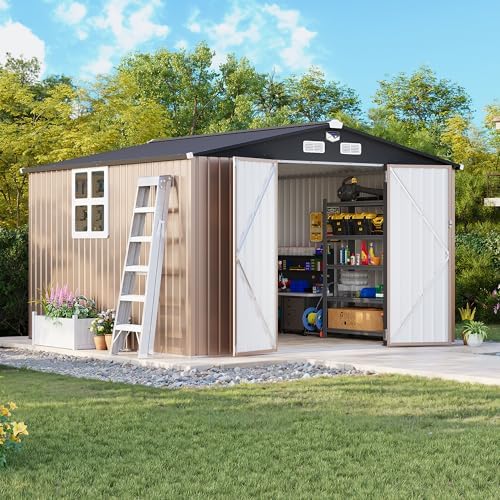 MXV 10 x 10FT Outdoor Storage Shed, Metal Garden Shed with Windows, Double Lockable Doors & Sloped Roof, Magnetic Solar Lamp, Tool Sheds for Backyard Garden Patio Lawn, Brown by Unknown