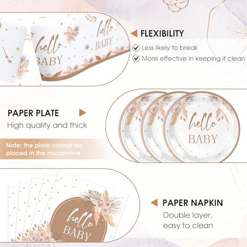 41Pcs Boho Baby Shower Decorations Bohemian Floral Pampas Grass Theme Tableware Neutral Birthday Decorations Boho Flower Paper Plates Napkins Tablecloth丨Boy Girl Birthday Baby Shower Party,Serves 20 - Image 3