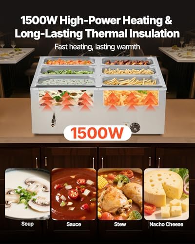 VEVOR Commercial Food Warmer, 1500W Electric Stainless Steel Steam Food Warmer with Lid, 6-Pan Fast Heating Countertop Buffet Bain Marie with Soup & Perforated Ladles, for Catering, Restaurant, Party - Image 2