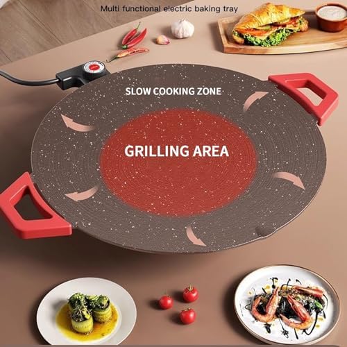 Electric Smokeless Grill, Non-Stick BBQ Griddle with Temperature Control, Round Cooking Surface with Red Handles, Indoor Barbecue Pan for Meat and Seafood (11) - Image 5