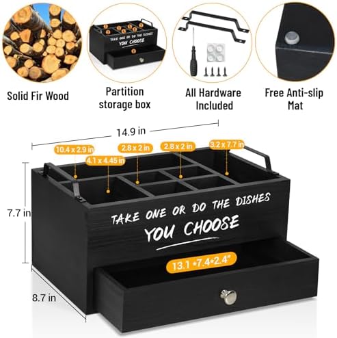 Paper Plate Dispenser with Drawer for Kitchen Countertop, Wooden Paper Plate Holder with Large Cup Holder, Rustic Wood Silverware Caddy Holder, Paper Plate Organizer Kitchen Accessories(Black-Drawer) - Image 5