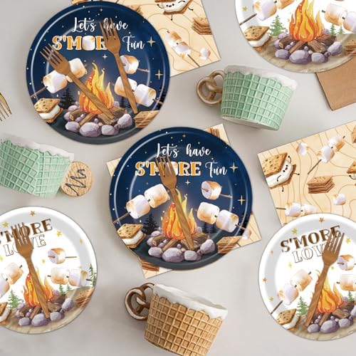 Smores Camping Birthday Party Decorations, 96PCS Camping Disposable Paper Plates and Napkin Tableware Decoration Let‘s Have S'more Fun Forks Decor Baby Shower Supplies, Serves 24 - Image 5