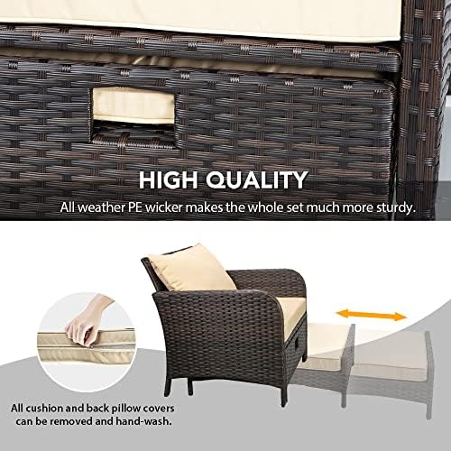 LEVELEVE Balcony Furniture 5 Piece Patio Conversation Set, PE Wicker Rattan Outdoor Lounge Chairs with Soft Cushions 2 Ottoman&Glass Table for Porch, Lawn-Brown Wicker - Image 4