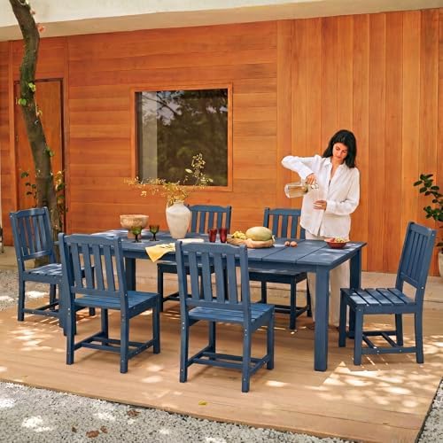 Perli™ 7-Piece Outdoor Dining Set, All-Weather HDPE Patio Table and 6 Chairs with Umbrella Hole, UV-Resistant Composite Wood Dining Furniture for Deck, Backyard, Poolside, Blue - Image 2