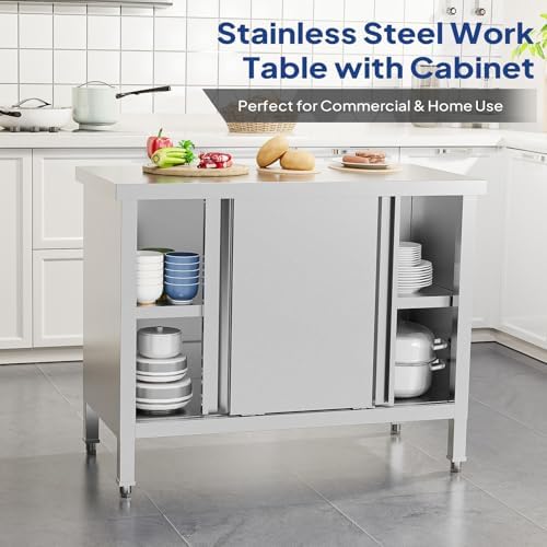 ROVSUN Stainless Steel Table with Cabinet, 39" x 19" Commercial Kitchen Workbench for Pre Work with Sliding Doors, Large Space Storage for Kitchen Restaurant Hotel Garage Warehouse - Image 5