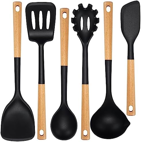 NCUE 6-Pcs Silicone Kitchen Utensils Set Wood Handle BPA-Free Food Grade by NCUE