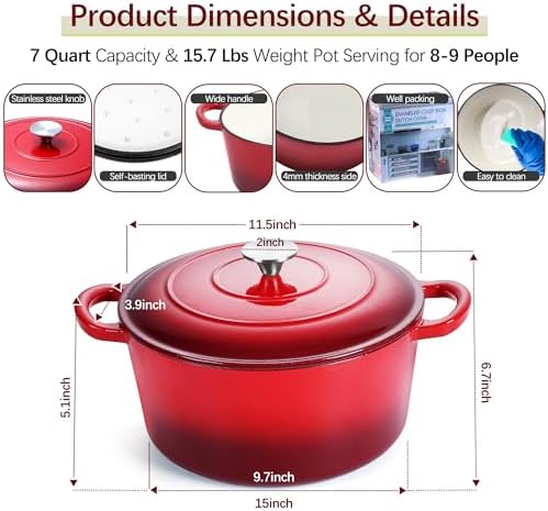 E-far 7QT Enameled Dutch Oven, Cast Iron Dutch Oven Pot with Lid for Cooking/Bread Baking/Braising/Roasting/Stewing, Heavy Duty Round Nonstick Cookware Safe for Induction & Oven - Red - Image 2