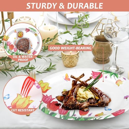 Qyeahkj 50 Pcs Spring Tulip Oval Paper Plates Large 11” Disposable Tulip Flower Party Decorations Floral Supplies Favor for Easter Picnic Spring Summer Birthday Butterflies Party Tableware Set - Image 4