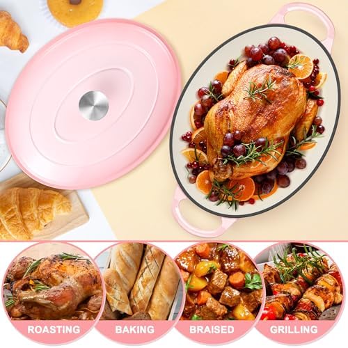 E-far 7QT Oval Dutch Oven Pot with Lid, Pink Enameled Cast Iron Dutch Oven - Image 5