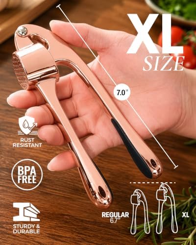 Zulay Kitchen Metal Large Garlic Press, Garlic Mincer, Peeler-Brush, Rose - Image 3