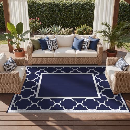 GENIMO Outdoor Rug, Waterproof Plastic Rugs for Patio, 9'x12' Blue White - Image 5