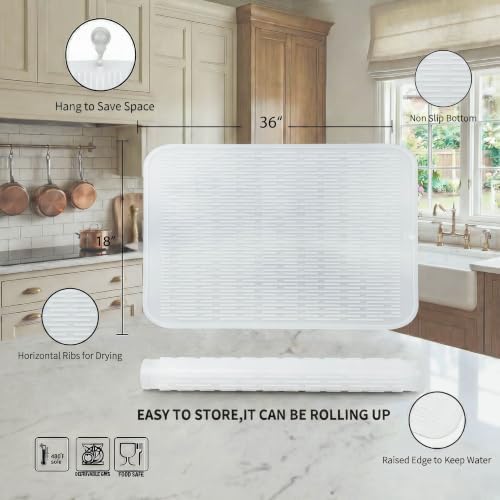 MicoYang Silicone Dish Drying Mat for Multiple Usage,Easy clean,Eco-friendly,Heat-resistant Silicone Mat for Kitchen Counter or Sink,Refrigerator or Drawer Liner Translucent 5XL 36inches x 18inches - Image 2