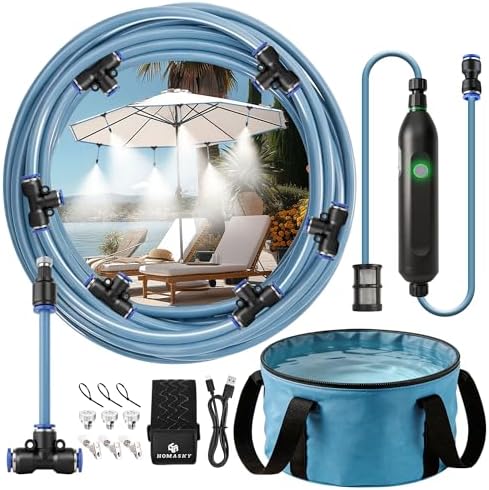 Portable Misting System for Outdoor Cooling, 23 FT Misters for Outside Patio with Rechargeable Pump, 30L Water Bag, 6 Adjustable Nozzles for Tent, Canopy, Backyard, Umbrella and Camping by Homasky