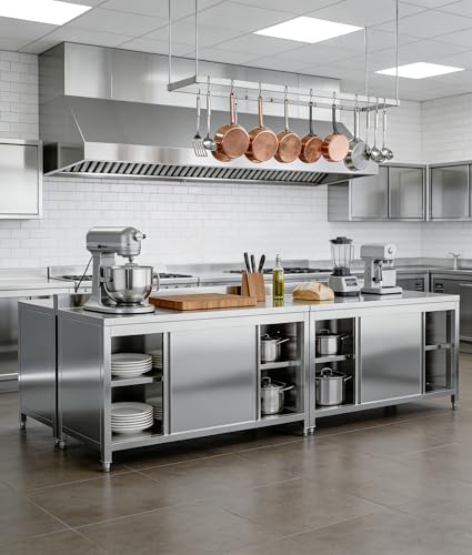 47" Stainless Steel Kitchen Worktable with Cabinet, 440 LBS Heavy Duty Commercial Prep Table with Sliding Doors & Adjustable Feet, Backsplash, for Restaurant, Home, Garage, Outdoor BBQ - Image 6