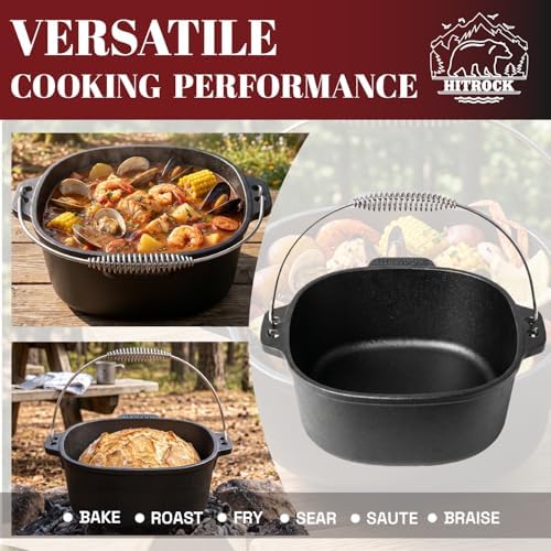 HITROCK Cast Iron Camp Dutch Oven 9QT, Pre-Seasoned Camping Dutch Oven with Lid, Flat Bottom Outdoor Pot with Lid Lifter,Pot Stand, Storage Bag & Handle for Camping, Baking, Grilling, Rounded-square Shape - Image 5