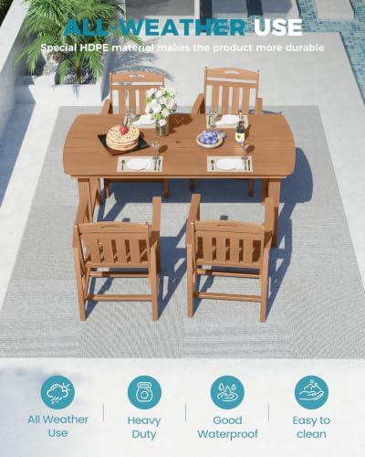 Ciokea HDPE Outdoor Dining Set of 4, Patio Table and Chairs Sets, Teak - Image 3