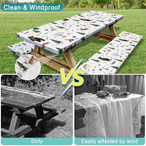Picnic Table Cover with Bench Covers, Camping Essentials, Funny Rustic Woodland Animals Dear Beer Fox Table Cover Waterproof Fitted Tablecloth Cover with Elastic Edge for Outdoor 3 PCS 30x96 Inch - Image 5