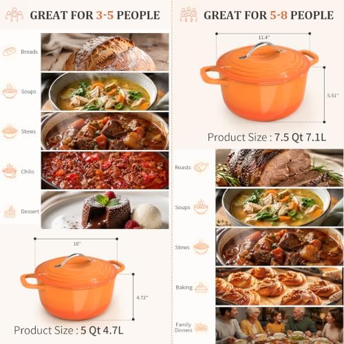 Winado 7.5 Qt Enameled Cast Iron Dutch Oven Pot with Lid, Orange Ombre - Image 4