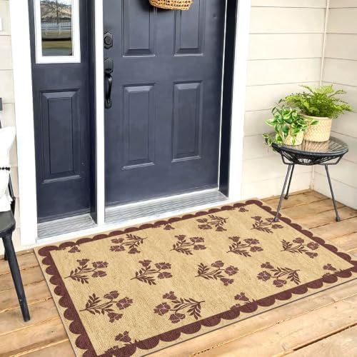 Floral Entry Rug - 28" x 43" Front Door Mat Indoor Outside Entrance Non-Slip Washable Outdoor Mat Jute-Look Burgundy Scalloped Rug for Entryway Kitchen Mudroom Layered Doormat for Front Porch - Image 6