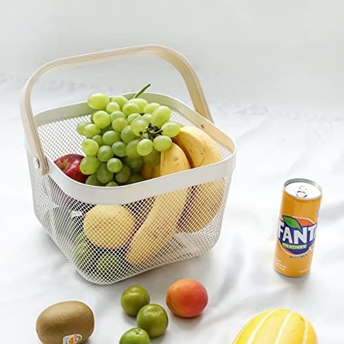 Mesh Steel Storage Organizer Basket Fruit Basket Bin with Wood Handle Ideal for Kitchen Bathroom Picnic Baskets Pantry Cabinets Storage Home Decor (White) - Image 4