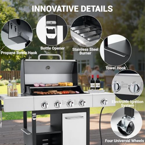 HUGROVE 50000 BTU 4-Burner Propane Gas Grill with Side Burner Silver - Image 4