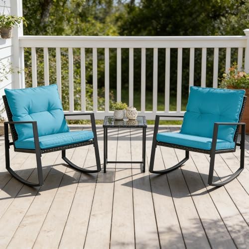 SUNCROWN 3 Piece Outdoor Rocking Bistro Set Black Wicker Furniture Porch Chairs Conversation Sets with Glass Coffee Table, Light Blue - Image 5