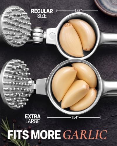 Zulay Kitchen Metal Large Garlic Press, Garlic Mincer, Peeler-Brush, Silver - Image 4