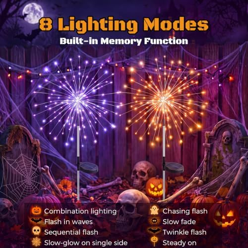 btfarm 4 Pack Solar Halloween Lights Outdoor, Orange+Purple Firework Light - Image 2