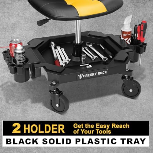 Rolling Stool with Wheels, Adjustable Height Pneumatic Garage Work Mechanic Stool Seat with Backrest, 400 LBS Capacity 360° Swivel Mechanic Crepper Chair with Tool Tray Storage, Yellow - Image 5