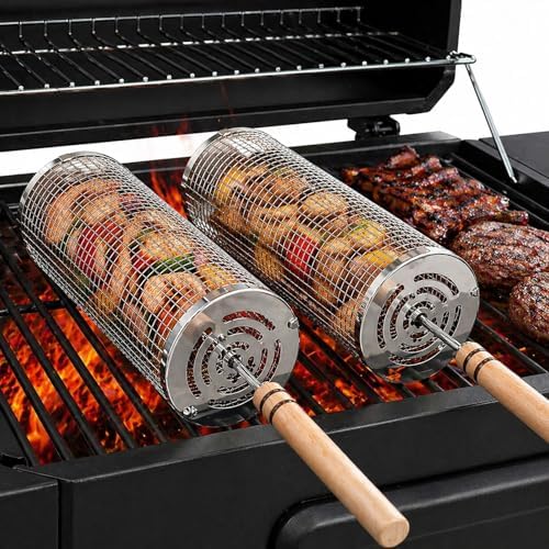 Rolling Grill Basket Set of 2, XL 304 Stainless Steel Grill Baskets for Outdoor Grill, Large BBQ Basket with Removable Wooden Handle for Vegetables, Fish, Wings, Shrimp and Camping - Image 7