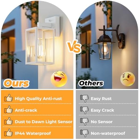 FOLKSMATE 2 Pack Dusk to Dawn Outdoor Wall Light Fixtures, Exterior Porch Light, Waterproof Wall Sconces Lanterns, Sensor Lighting Wall Mount for House Doorway Garage, White - Image 5