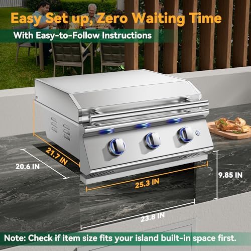 Livory 26 Inch BBQ Head Griddle Grill Combo for Outdoor Kitchen, Natural Gas Built-in Grills for Barbecue Island, 3-Burner, 3 * 14,000 BTU, Premium 304 Stainless Steel, Convertible to Liquid Propane - Image 3