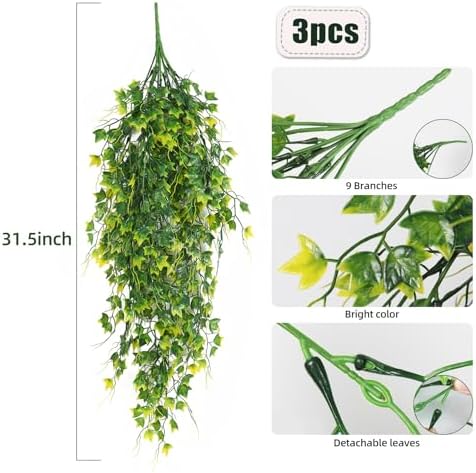 RECUTMS 3Pcs Artificial Plant Fake Hanging Ivy Faux Ivy with Yellow Leaf - Image 2