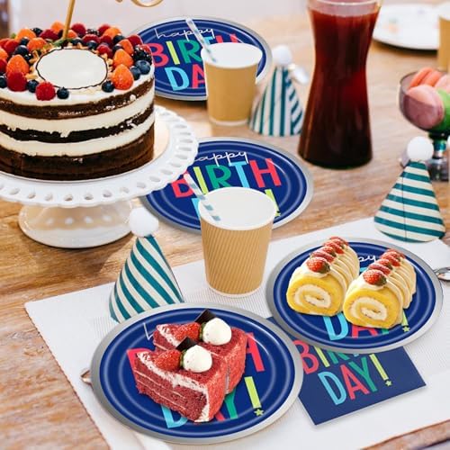 40Pcs Blue Happy Birthday Decorations - Birthday Party or Baby Shower Supplies Disposable Tableware Paper Blue Plates and Napkins Set for 20 Guests - Image 5