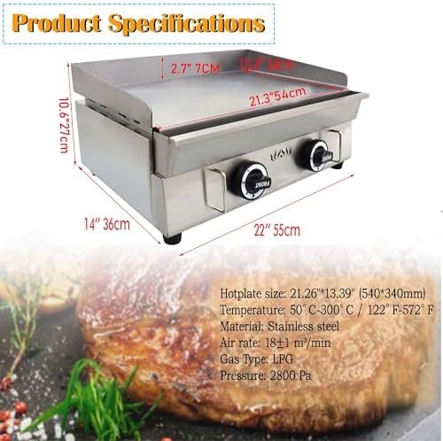 Commercial Stainless Steel LPG Gas Griddle Grill, 21.3" x 13.4" Flat Top Countertop Griddle for Steak, Pancakes & Teppanyaki, 2800Pa, Home & Outdoor Use - Image 2