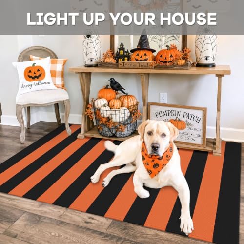 IOHOUZE Fall Striped Outdoor Rug 3x5, Washable Porch, Orange Black - Image 4