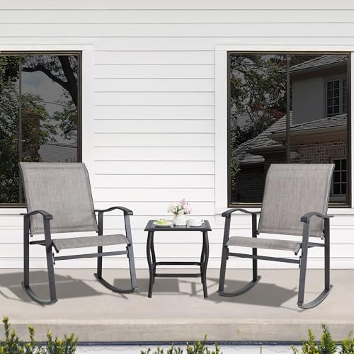 Shintenchi 3 Piece Rocking Bistro Set, Outdoor Furniture with Rocker Chairs and Glass Coffee Table Balcony, Porch Furniture for Small Space, Gray - Image 2