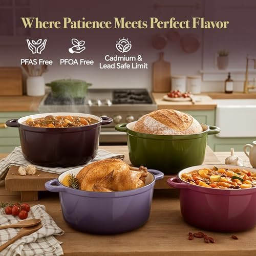 Vintage Style 6 Quart Dutch Oven Pot with Lid, Non Stick Enameled Cast Iron Dutch Oven for Bread Baking, Heavy-Duty, Oven Safe Ceramic Cookware Up to 500°F for Baking, Braising, Stews, Roasting, Fig - Image 2