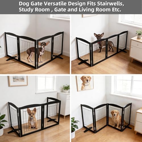 ZJSF Freestanding Dog Fence Indoor, Foldable Dog Gate for Doorways, Stairs or Hallways, Sturdy Wood Extra Wide Pet Gate with Support Feet for The House, Black, 24 "Height-4 Panels - Image 4