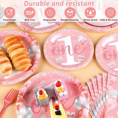 96 Pcs Girl 1st Party Supplies Pink One Year Old Paper Plates Baby Girl 1st Birthday Decoration Pink DisposableTableware Set Bridal Shower Birthday Party Paper Plate Napkin Fork 24 Guests - Image 3