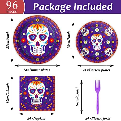 96 Pcs Day of The Dead Tableware Set Colorful Skull Marigold Decors Mexican Fiesta Theme Party Dessert Plates Napkins Forks for Day of The Dead Party 24 Guests - Image 2