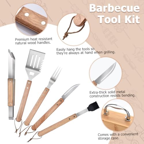 5-Piece BBQ Tools Set with Bamboo Case, Wooden Handle Stainless Steel Grill Accessories for Outdoor Cooking,Camping and Barbecue - Image 3