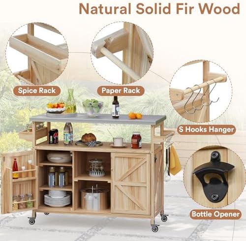 Zevemomo Outdoor Grill Cart with Storage, Stainless Steel Tabletop Outdoor Kitchen Island, Solid Wood Outdoor Buffet Cabinet with Wheels for Grilling, Light Wood Color - Image 3
