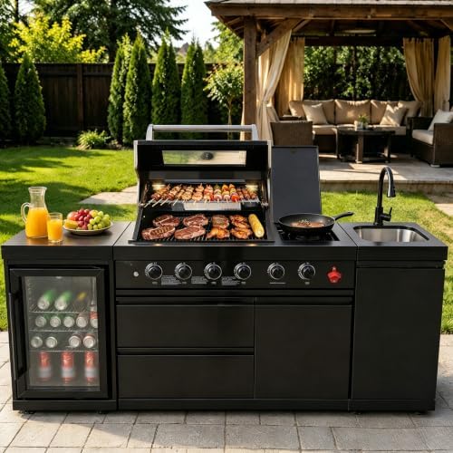 85" Modular Outdoor Kitchen Island,4-Burner 72,000 BTU Stainless Steel Propane Grill with Side Burner,Infrared Burner,Refrigerator,Sink,and Granite Countertop.Gas Grill for Backyard & Patio BBQ. - Image 3