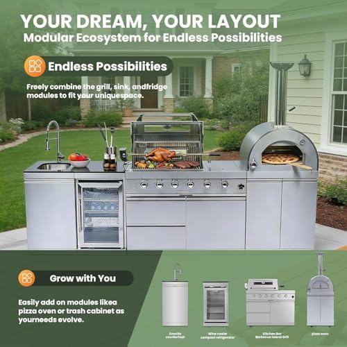 112" Outdoor Kitchen Island,Stainless Steel Natural Gas BBQ Grill with Pizza Oven, Rotisserie, Refrigerator, Standalone Side Burner,Granite Countertop, Storage Cabinets & Drawers 108000 BTU. - Image 6