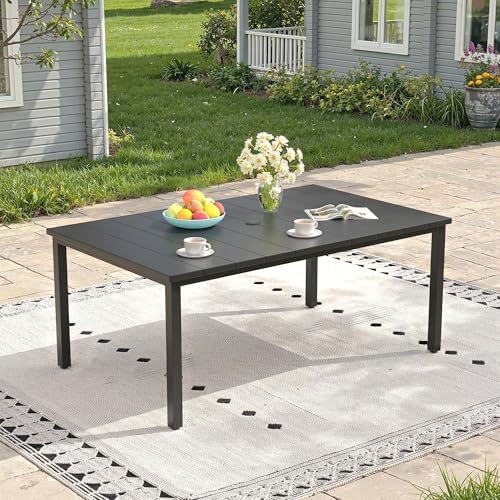 Outdoor Dining Table for 6, 63" Rectangle Outdoor Table with Adjustable Umbrella Hole, All-Weather Metal Patio Dining Table for Lawn Garden Backyard Deck, Black by ProvideOutdoorSolutions