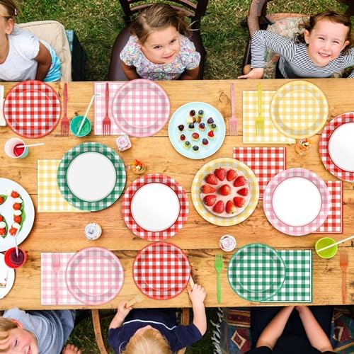 96 Pcs Camp Checkered Paper Plates and Napkins Plaid Checkered Bachelorette Party Supplies Glamping Birthday Tableware Set Spring Summer Plaid Camping Themed Party Favors Baby Bridal Shower - Image 5