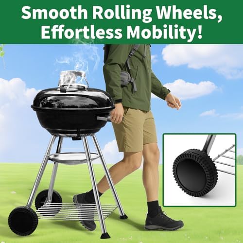 BEAU JARDIN Premium 18 Inch Charcoal Grill for Outdoor Cooking Barbecue Camping BBQ Coal Kettle Grill Tailgating Portable Heavy Duty Round with Thickened Grilling Bowl with Wheels - Image 3